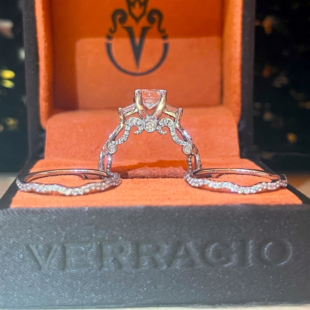 Verragio 7074P engagement ring with two wedding bands. 18k white gold.